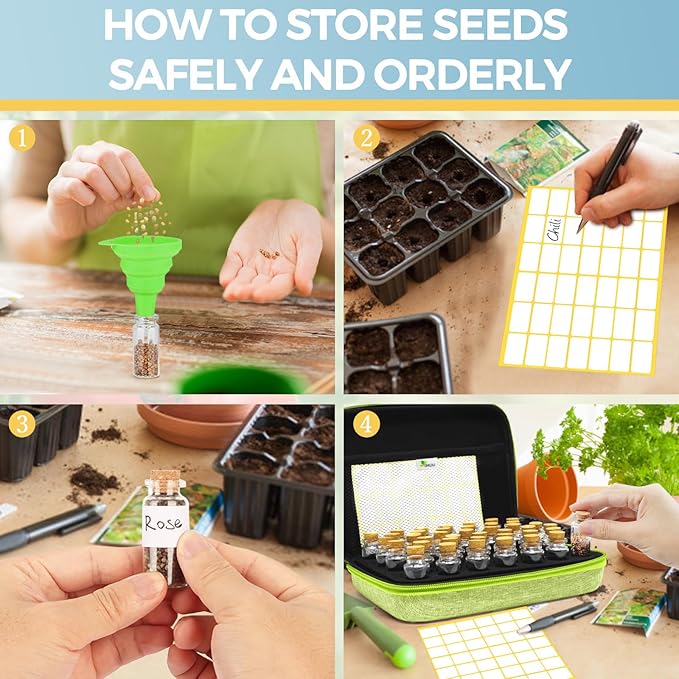 40 Slots Seed Storage Organizer with 20 Seed Envelopes, Sturdy Organizer Storage Box with Label Stickers, Glass Container for Flower Vegetable Garden Seed Saving (Seeds not Included)