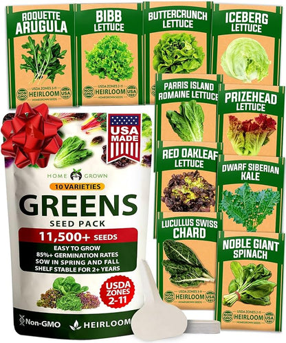HOME GROWN 11,500+ Heirloom Lettuce Seeds - 10 Varieties Including Romaine, Buttercrunch, Iceberg, Kale & Spinach - Non-GMO USA Seeds for Planting Indoor, Outdoor & Hydroponic Gardens