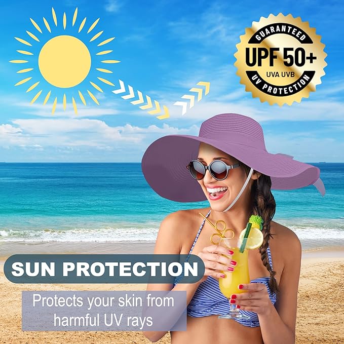 Women's Wide Brim UPF 50+ Straw Sun Hat with Bow - Foldable Packable Summer Beach Hat with Chin Strap