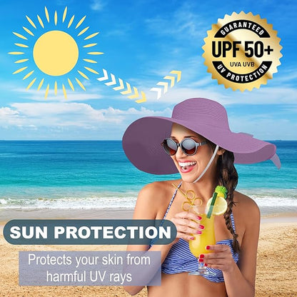 Women's Wide Brim UPF 50+ Straw Sun Hat with Bow - Foldable Packable Summer Beach Hat with Chin Strap