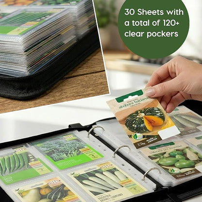 Zippered Seed Storage Organizer Binder with Handle, Gardening Seed Saving Kit, Holds 120+ Seed Envelopes, Fit Flower, Plant and Vegetable for Seed Packets (Upgraded Version)
