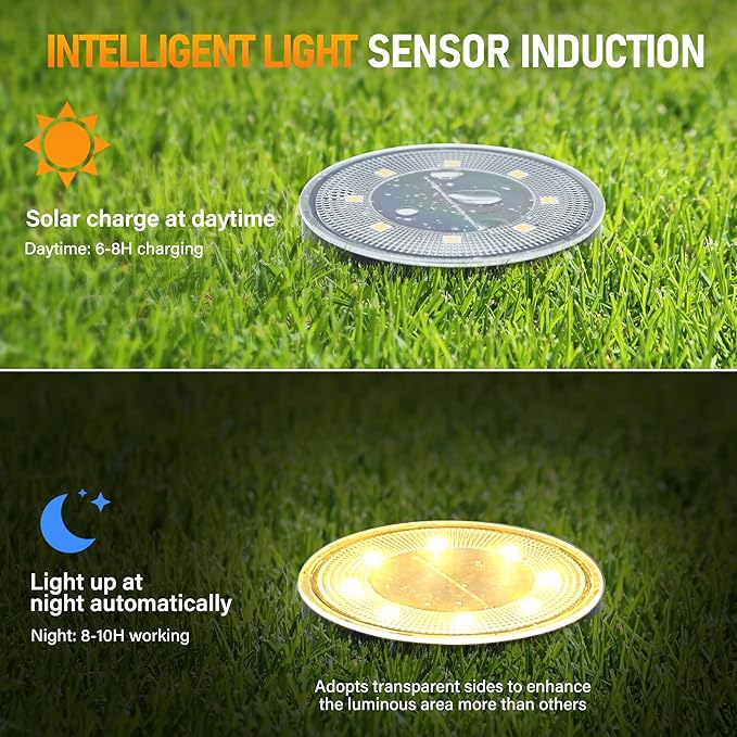 Siatom Solar Ground Lights 8 Pack, IP68 Waterproof Solar In-Ground Light for Outdoor, Flat Landscape Lighting, Garden Disc Light for Pathway, Walkway, and Yard - 8 Pcs (Warm White)