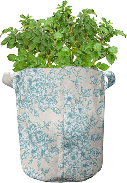 Ambesonne Vintage Grow Bags 5-Pack, English Garden Rose Romance, Heavyduty Fabric Pots with Handles for Plants, White Blue