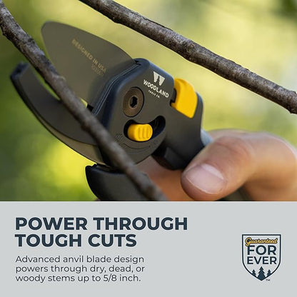 Woodland Tools Co. Heavy Duty Anvil Pruning Shears – 5/8" Cut Capacity, High Carbon Steel Blade, Internal Spring, Adjustable Grip Slider, Garden Pruner for Dry Branches, Stems, and Dead Growth