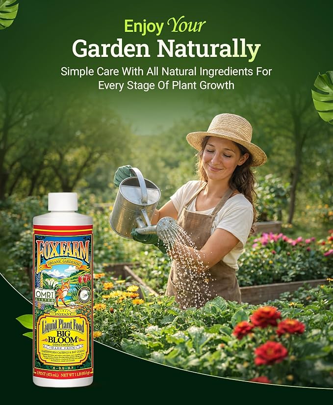 Fox Farm Big Bloom Liquid Plant Food - Organic Bloom Fertilizer for Flowering & Fruiting Plants, Contains Earthworm Castings & Bat Guano - Supports All Stages of Plant Growth - 0-0.5-0.7 NPK, 1 Pint