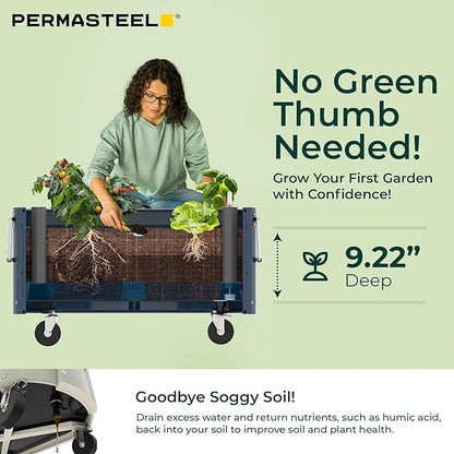Permasteel Self-Watering Garden Bed, Rolling Planter for Vegetables, Flowers, Herbs, and Fruit, Outdoor Indoor, Caster Wheels, Blue