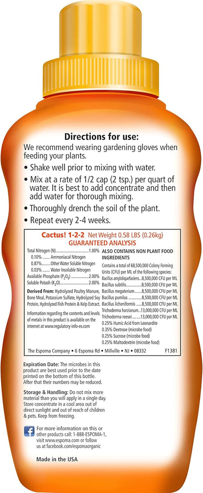 Espoma Organic Cactus! Plant Food, Natural & Organic Fertilizer for All Cactus, Succulents, Palm, and Citrus Both Indoors and Outdoors, 8 oz, Pack of 2