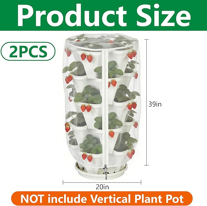 2 Pcs Vertical Plant Pot Insect Netting with Zipper, 39" x 20" Stackable Planter Garden Net Cover, 5 Tier Planter Pot Insect Bird Barrier Protection Mesh for Strawberry Herb Flower Fruit Vegetable