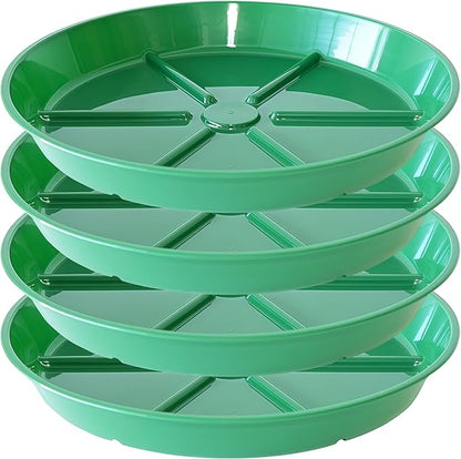 Plant Saucer Pot Tray 14 inch, 4 Packs Flower Planter Saucers and Drip Trays, Heavy Duty Round Plastic Flower Plant Dish Pant Plate to Catch Water for Indoor & Outdoor, Green