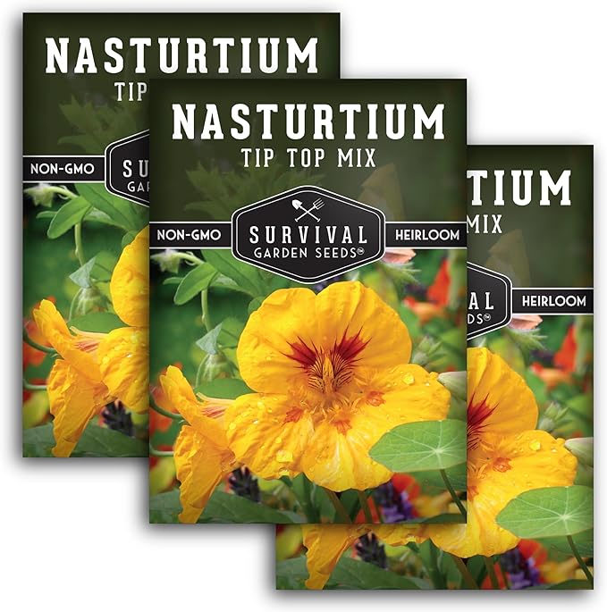 Nasturtium Seeds for Planting Outdoors – Tip Top Mix Heirloom Variety of Edible Flowers & Companion Plants, Non-GMO Seeds for Home Gardens - Survival Garden Seeds (3 Packs)