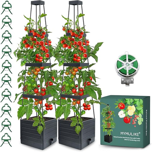 2 Pack Raised Garden Bed Planter Box with Trellis, 58” Tomato Cage Planter Raised Garden Bed with Trellis for Climbing Vegetables Plants Tomato Cage w/Self-Watering, Indoor Outdoor Use