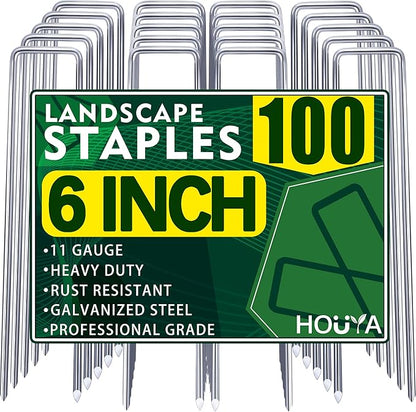 100 PCS Landscape Staples 6 Inch Galvanized Garden Stakes Garden Staples Pins Anti-Rust Ground Stakes for Weed Barrier, Irrigation Hose, Yard Lawn SOD, Landscape Fabric, Decor 6"L x1.2"W 100pcs