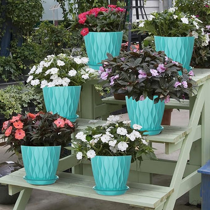6 Pack 6 Inch Indoor Plant Pots with Drainage Holes, Outdoor Plastic Decorative Flower Pots, Garden Planters with Tray Saucers for Orchids, Violets, Succulents, Herbs, and Other Plants