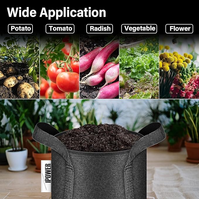 iPower 10-Pack 15 Gallon Plant Bags Heavy Duty Thickened Nonwoven Fabric Potato Growing Pot, Aeration Durable Container with Reinforced Strap Handles, for Gardening & Planting Vegetable