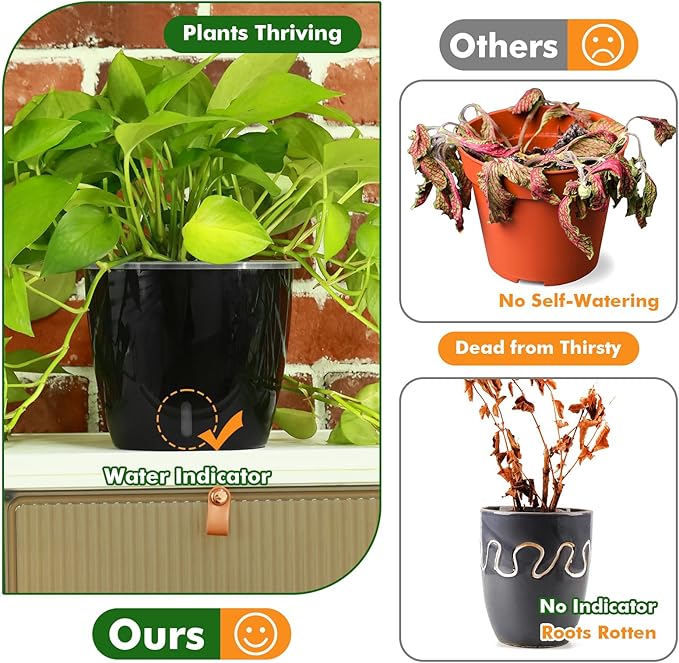 Planterhoma 5/6.7 Inch Self Watering Pots for Indoor Plants, 8 Packs Self Watering Planters for Orchid, Spider Plant, Devil's Ivy & African Violet, Water Indicator & Black Wick Pots, Black