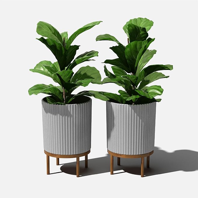 Veradek Demi Series Round Planter w/Stand for Porch/Patio | Durable Plastic-Stone Composite & Wooden Stand | Modern Décor for Tall Plants, Flowers