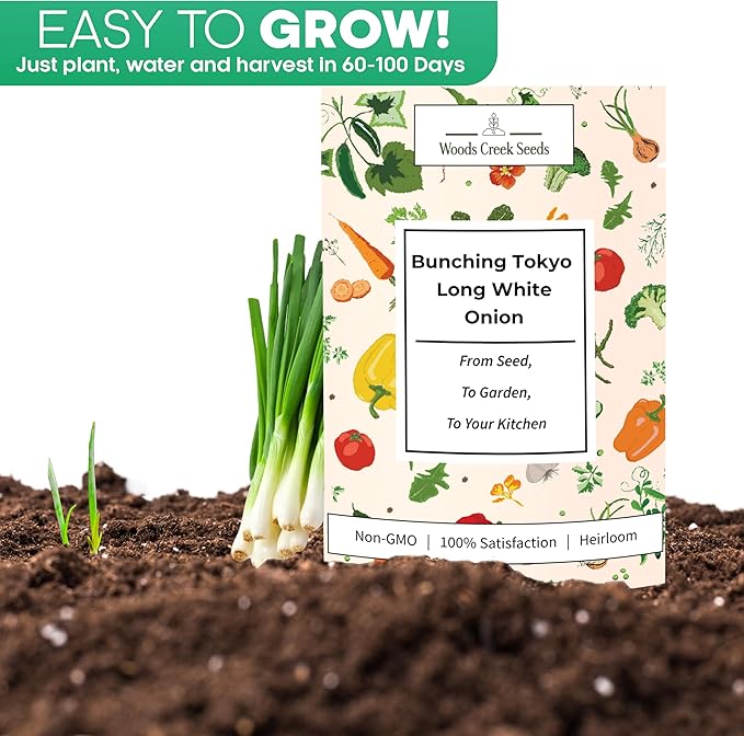 Tokyo Long White Bunching Onion Seeds – Heirloom Non-GMO Green Onion & Scallion Variety for Planting Outdoors | Woods Creek Seeds