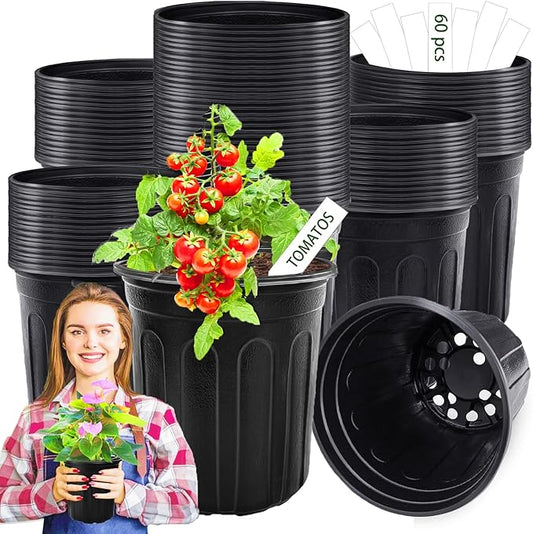 60 Pcs 1 Gallon Flexible Plant Nursery Pots,Plastic Thickened Soft Seedling Pot with Plant Labels,Flower Seed Starting Containers for Succulents,Transplanting,Indoor Outdoor,Black