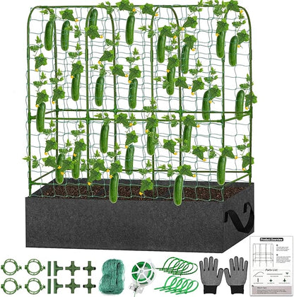 U-Shape Cucumber Trellis with Fabric Raised Garden Bed 65x50 Inch Metal Garden Arch Trellis with Net, Climbing Plants Vegetables Heavy-Duty Outdoor Plant Support for Pea, Grape, Squash, Tomatoes