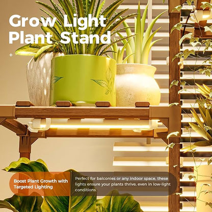 Bamworld Plant Stand with Grow Light Tall Plant Shelf for Mutiple Pots Large Wood Plant Holder Rack for Patio Living Room Balcony Warm Light