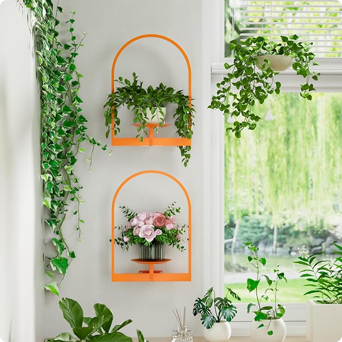 Orange Metal Wall Plant Holder - 3-Pack Wall Mounted Plant Stands and Hanging Holders for Indoor Planter and Flower Pot - Arch Decor Shelf for Plant Storage (Pot Not Included)