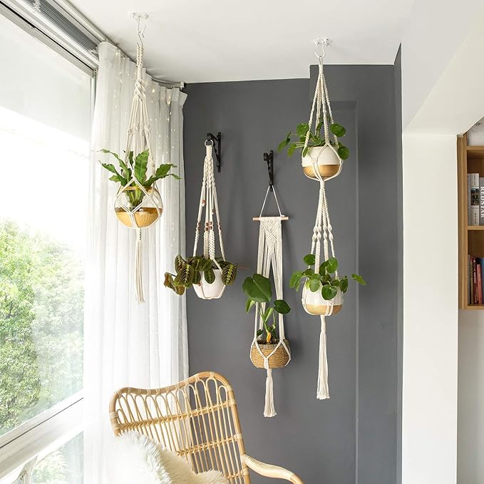 Mkono 6.5 Inch Plastic Planters with Saucers Set of 5 Macrame Plant Hangers Set of 4 Indoor Decorative Flower Pot Holder with 4 Hooks