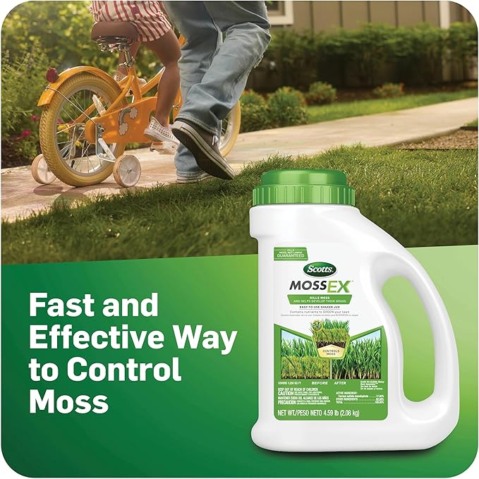 Scotts MossEx, Moss Killer for Lawns, Easy-To-Use Shaker Jug, Contains Fertilizer to Green Grass, 4.59 lbs.