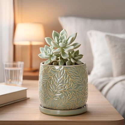 D'vine Dev 5 Inch Embossed Leaves Stoneware Planter Pot with Drainage Hole and Saucer, Olive, 27-A-V-0