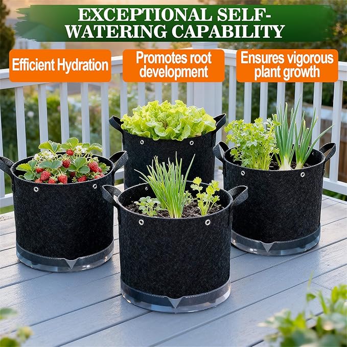 5 Pack 5 Gallon Self-Watering Grow Bags, Thick Nonwoven Fabric Pots with Support Rings and Reinforced Handles, Self-Watering Planters with Bottom Reservoir for Tomatoes Peppers Potatoes and Vegetables