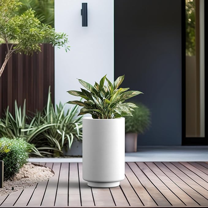 Kante 15.7 Inch Tall Concrete Planter, Round Pedestal Design Garden Pot for Indoor Outdoor Plants, Modern Garden Pot with Drainage Hole, White Finish with Painted Interior