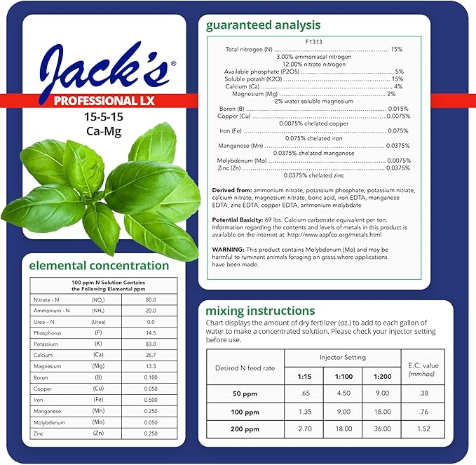 Jack's Professional 15-5-15 CA-MG LX Comprehensive Water-Soluble Fertilizer for Growth in Short, Stocky Plants Grown in Continuous Liquid Feed Programs, 25lbs