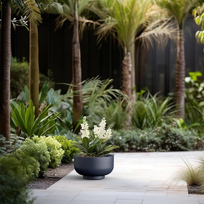 Kante 13.8 Inch Dia Concrete Bowl Planter, Large Tapered Bottom Plant Pot with Drainage, Smooth Charcoal Finish with Painted Interior, Ideal for Porch, Home, Garden, Patio