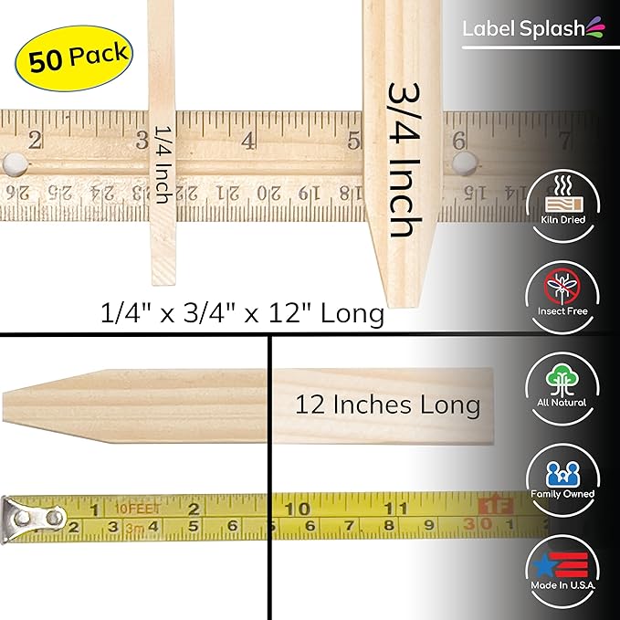 50 Pack 12" Wood Stakes for Garden Marking Survey Grading Paint Stirring Stick Model Building Landscaping Plant Support and Crafts 12 Inch Made in The USA by LABELSPLASH