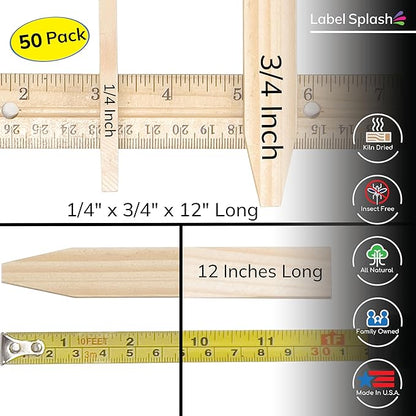 50 Pack 12" Wood Stakes for Garden Marking Survey Grading Paint Stirring Stick Model Building Landscaping Plant Support and Crafts 12 Inch Made in The USA by LABELSPLASH