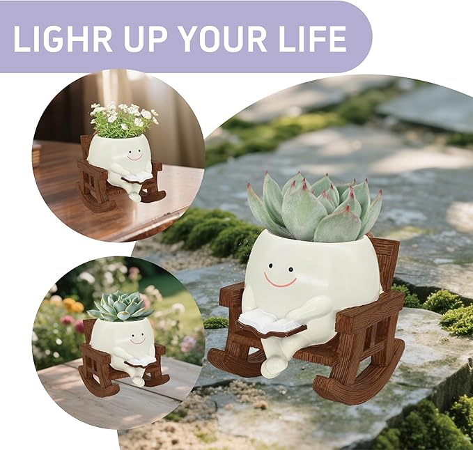 Smiley Face Planter Pot, Cute Plant Pots for Indoor Outdoor, Unique Reading Rocking Chair Plant Pot for Succulents Plants Live with Drainage Hole, Gift Idea for Mother Day and Christmas