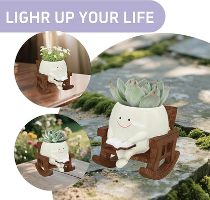 Smiley Face Planter Pot, Cute Plant Pots for Indoor Outdoor, Unique Reading Rocking Chair Plant Pot for Succulents Plants Live with Drainage Hole, Gift Idea for Mother Day and Christmas