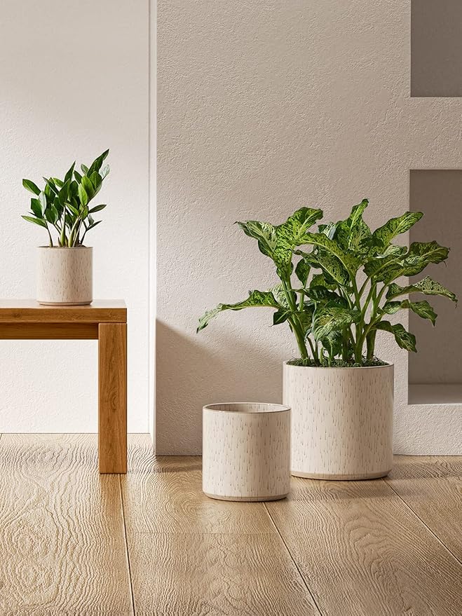 LE TAUCI Ceramic Pots for Plants, 10/8/6 Inch Indoor Planters with Draiange Hole, Silicone Plug & Mesh Pad, Modern Minimalist Pots for Home Office, Set of 3, Glossy, Linen Birch