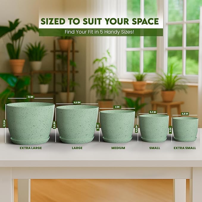 Utopia Home - Spotty Plant Pots Indoor with Drainage - 7/6.6/6/5.3/4.8 Inches Flower Pots - 5 Pack Plastic Planters - Ideal for Stocking Stuffers - (Speckled Mint, Pack of 10)