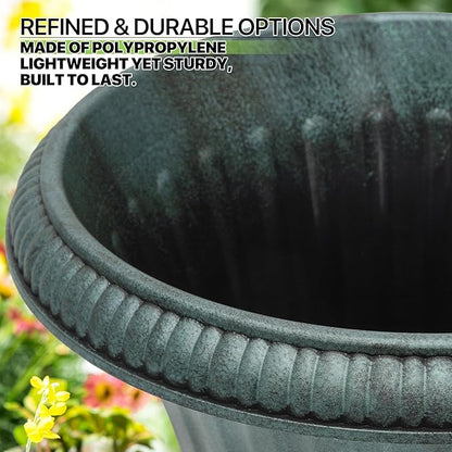 Magshion 20" Urn Planters for Outdoor Plants, Large Decorative Front Porch Planters Set of 2, Weatherproof Tall Plastic Flower Pots for Garden, Patio & Entryway Décor, Antique Green