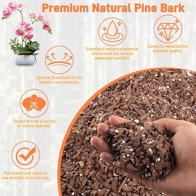 Orchid Bark Potting Mix - 18QT Natural Orchid Potting Mix for Repotting, Blended with Small Pine Bark and Perlite to Provide Ideal Ventilation and Good Drainage for Orchids and Other Potted Plants