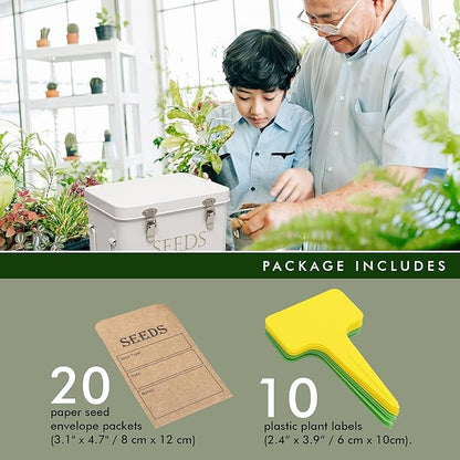 Garden Seed Storage Box with Dividers Seeds Packet Organizer Case for Gardening 3 Inner Slot Bird Plant or Vegetable Seed Container Saver Tin – White Galvanized Metal with Envelopes & Labels