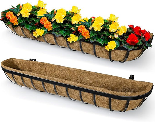 2 Pack 48 Inch Window Deck Railing Planter Boxes with Coconut Liner, Large Hanging Window Flower Boxes Metal Railing Planter for Balcony Fence Porch (2, 48 Inch)