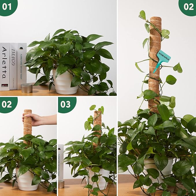 10 Pack Moss Pole, 112 Inch Coir Moss Pole for Plants Monstera, Plant Pole for Climbing Indoor Plants Potted Plants, Plant Sticks Support Extension with 30 Pcs Plant Labels and 5 Pcs Garden Ties
