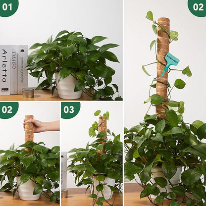 10 Pack Moss Pole, 112 Inch Coir Moss Pole for Plants Monstera, Plant Pole for Climbing Indoor Plants Potted Plants, Plant Sticks Support Extension with 30 Pcs Plant Labels and 5 Pcs Garden Ties