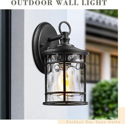 Emliviar 2 Pack Exterior Wall Sconce Light, Anti-Rust Outdoor Lanterns Wall Lamps, Farmhouse Patio Lightings with E26 Socket & Water Ripple Glass, Black Finish, XE229BS-2PK BK-WG