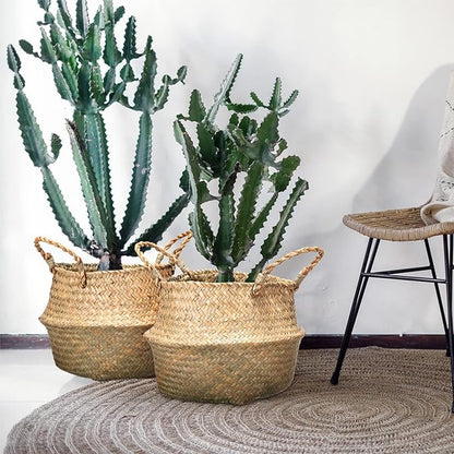 Qunclay 4 Pcs Woven Seagrass Baskets Belly Basket Folding Boho Natural Plant Pot with Handles Round Decorative Wicker Large Indoor Planter for Home Outdoor Tree Planters Decor (9 x 11 Inch)