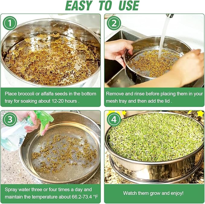 Stainless Steel Seed Sprouting Kit - 3-tier Microgreens Growing Tray 6in Dia, Stackable Round Seed Sprouter Maker with Encrypted Mesh, Sprouts Grower for Beans Broccoli Alfalfa Seeds Wheat Grass