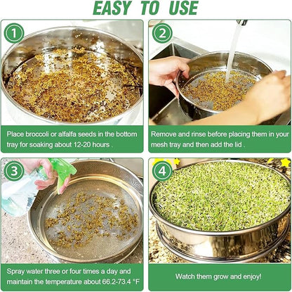 Stainless Steel Seed Sprouting Kit - 4-tier Microgreens Growing Tray 6in Dia, Stackable Round Seed Sprouter Maker with Encrypted Mesh, Sprouts Grower for Beans Broccoli Alfalfa Seeds Wheat Grass