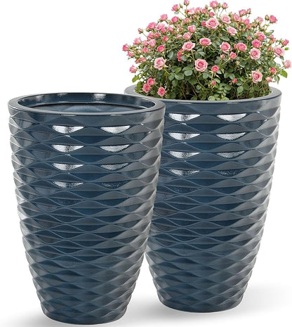 19" H Coastal Planter for Indoor/Outdoor Plants, Set of 2 Large Flower Pot with Drainage Hole, Weather/UV Resistant Resin Planters for Garden Patio Porch Home office Decor, Glossy Navy Blue Wavy