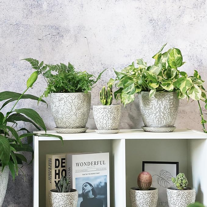 4 Inch Mini Plant Pots, Ceramic Succulent Planter with Drainage Hole and Saucers for Indoor Plants, Small Garden Pots for Succulent, Herb and Flower, Set of 4